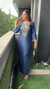 Cotton denim dabka work long silhouette